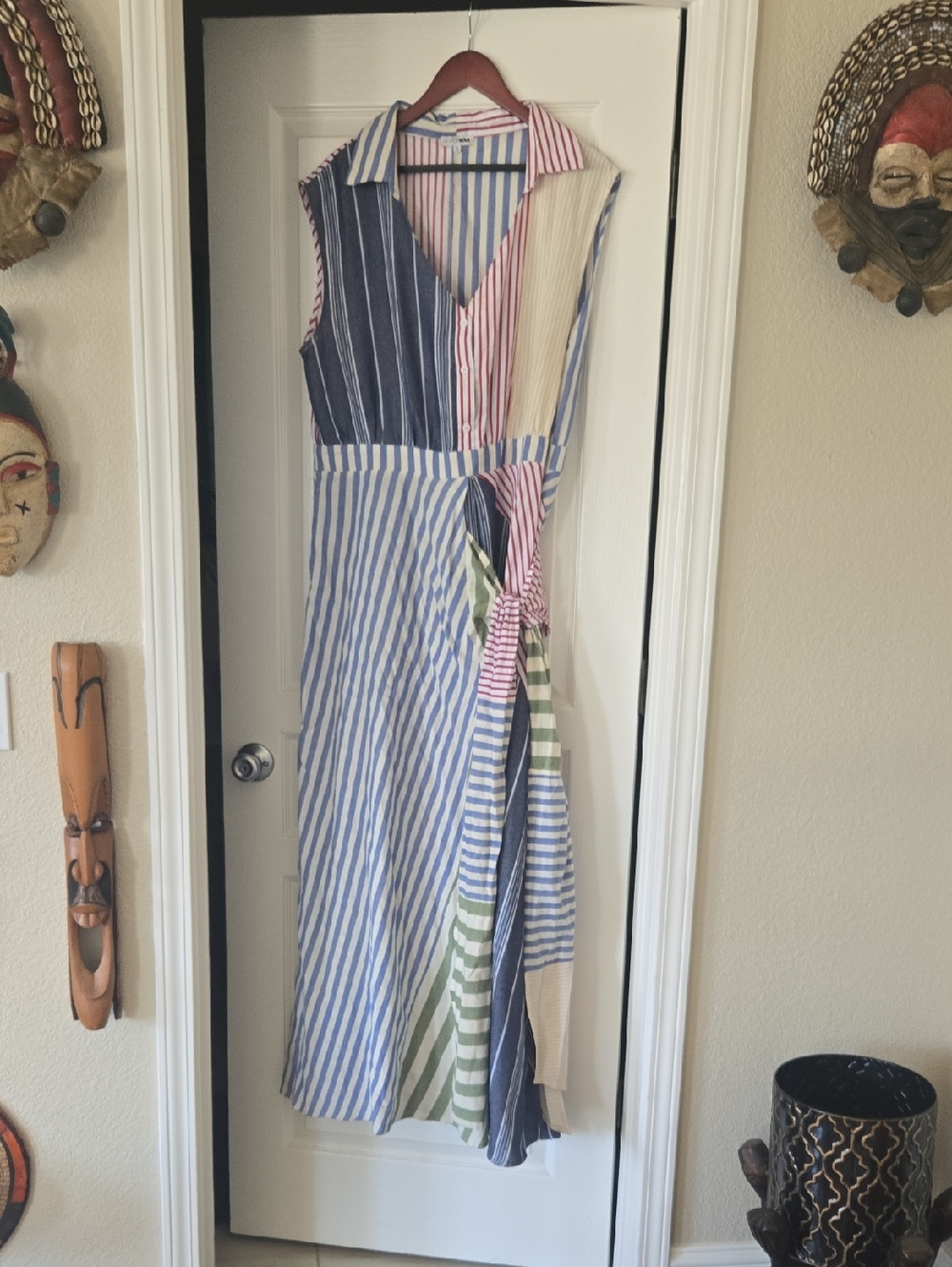 Fashion Nova Multicolor Striped Wrap Midi Dress - Blue, Pink, Cream, Green
